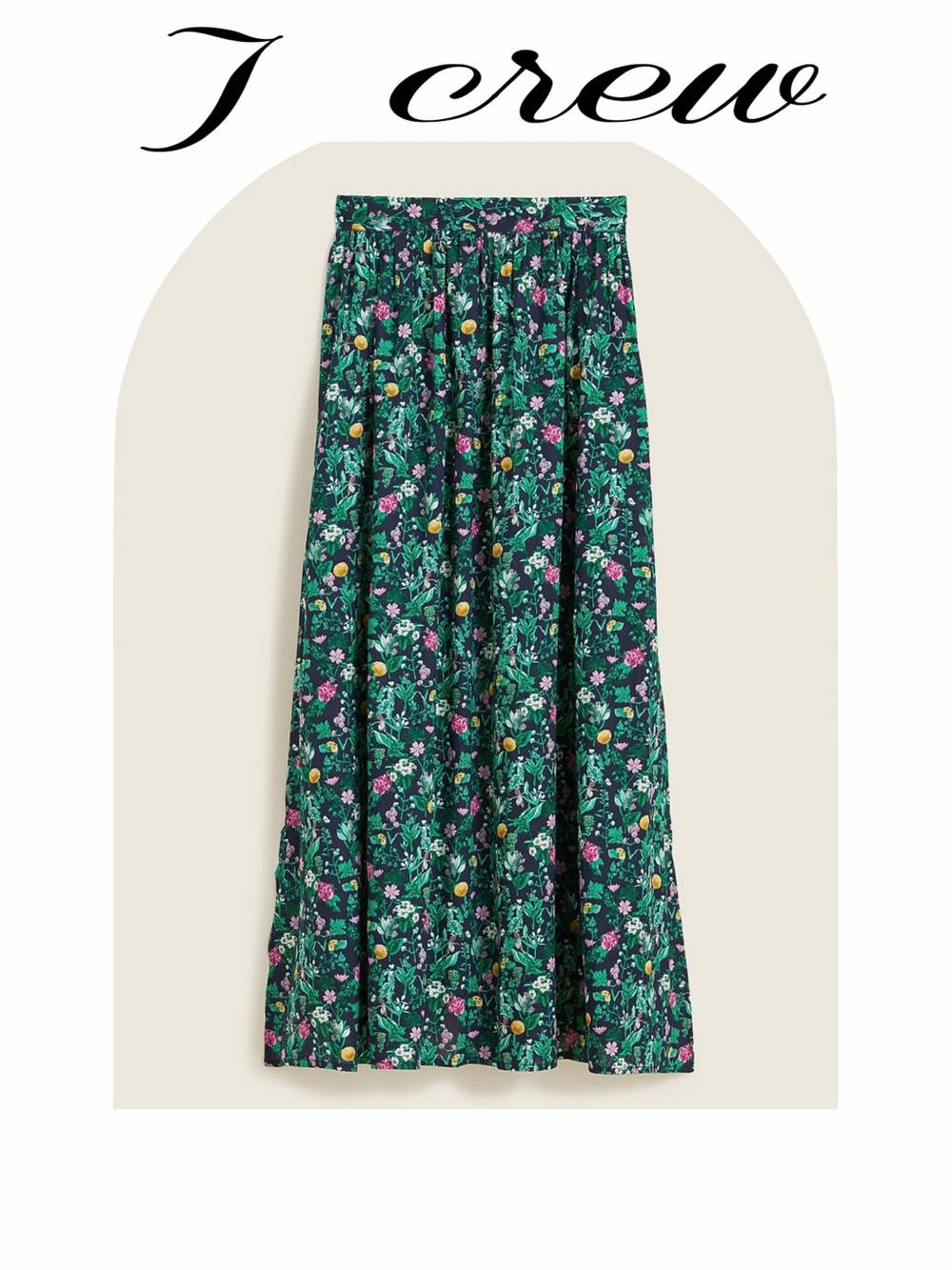 J. Crew Dark Green Floral Maxi Skirt with Pink Accents
